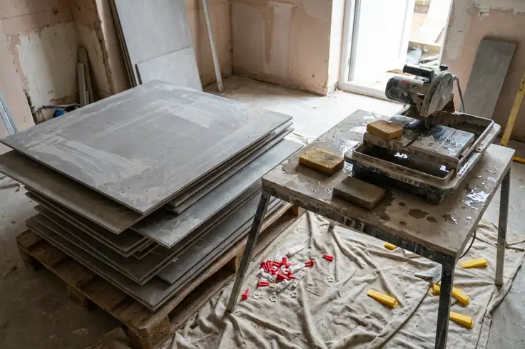 Carreaux grand format empilés sur une palette à côté d’une scie à eau dans une salle de bain en chantier